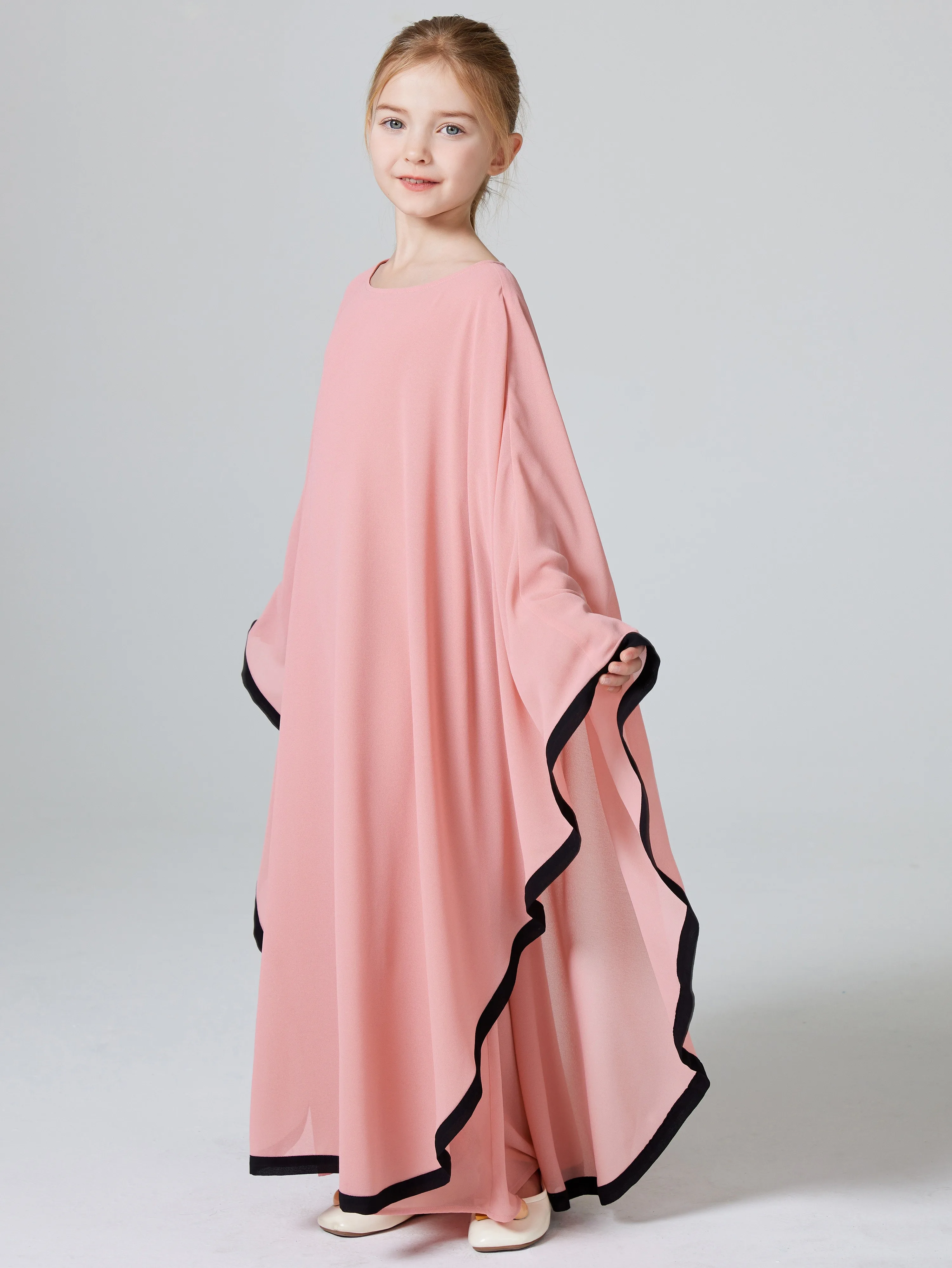 Ramadan kebaya Muslim girls two-piece contrast chiffon blouse shawl round neck simple dress Middle East Dubai  gown