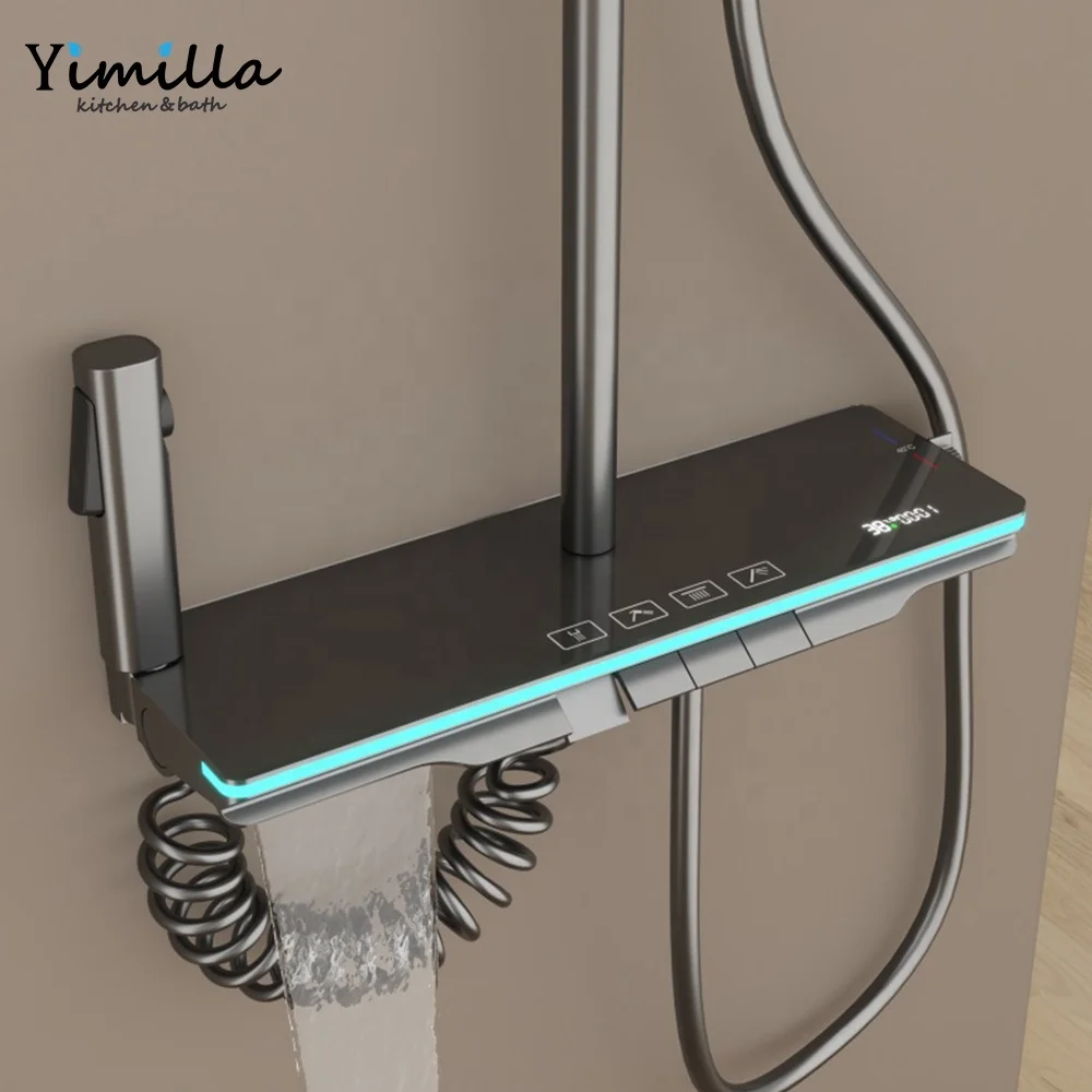 Gun gray hydropower atmosphere lamp shower set waterfall digital LED light Bathroom shower set with filter spray