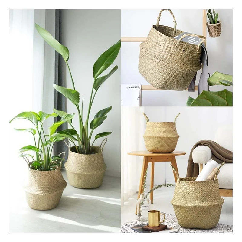Rattan Basket Storage Amazon Hot Sale Handmade Woven Rattan Seagrass Belly Basket Storage Baksets Planter Pots