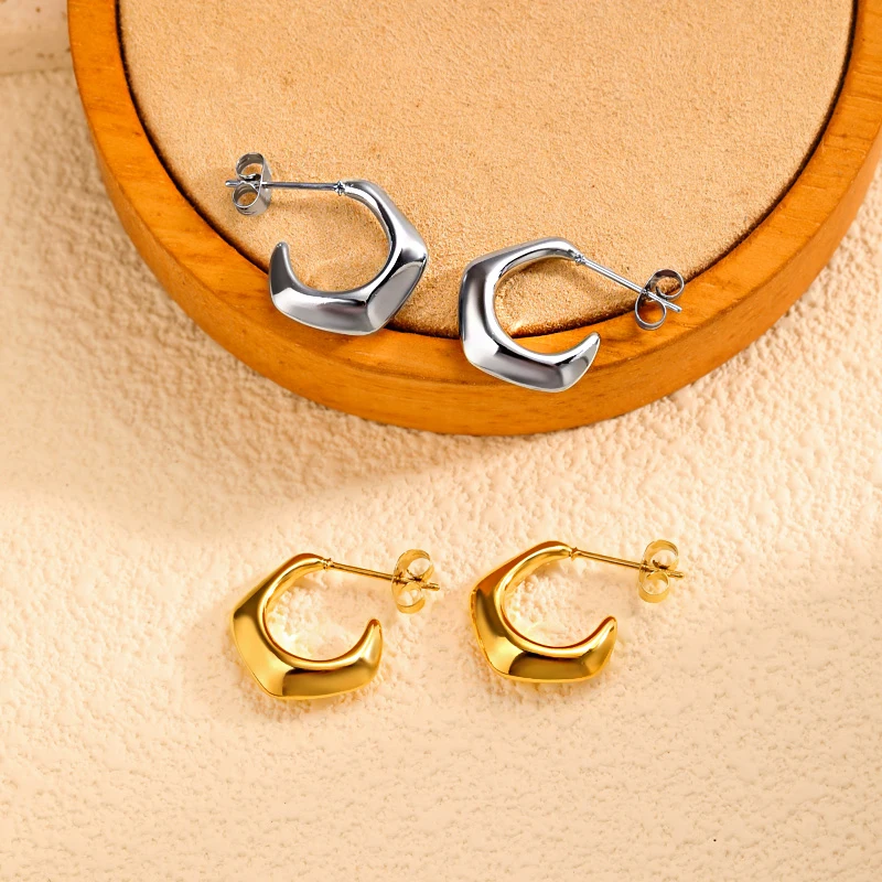 High Quality 18K Gold Plated Stainless Steel Jewelry C Shaped Small Circle Pure Color Accessories Earrings For women