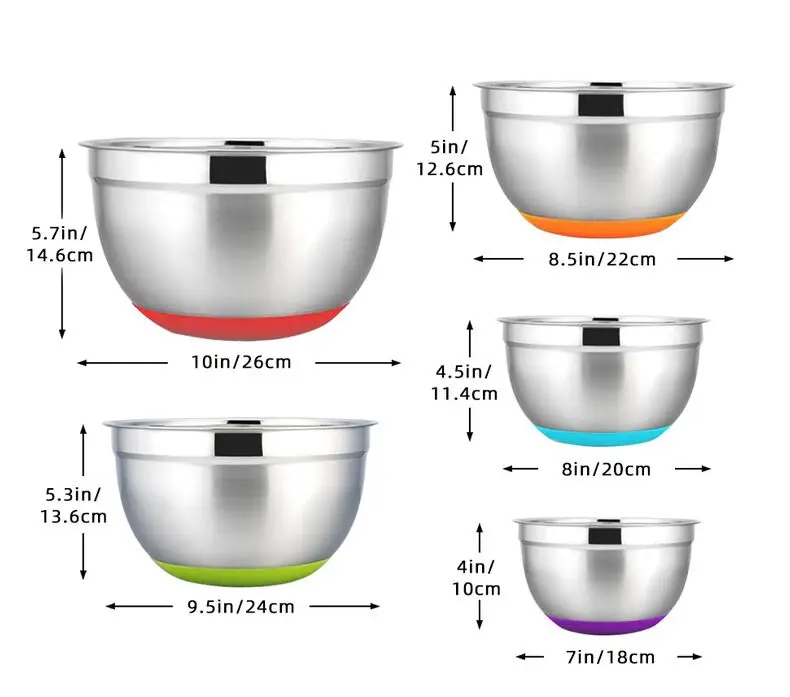 Wholesale kitchen non skid Salad Bowl Set with Silicone base cover and lid Stainless Steel 201 Mixing Bowls Fruit Salad bowl