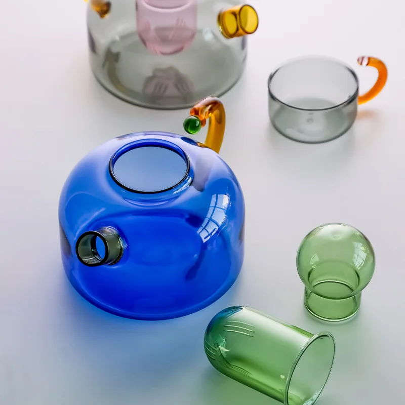 2024 Creative color contrast and high-temperature resistant glass teapot separated and filtered glass kettle and cup set