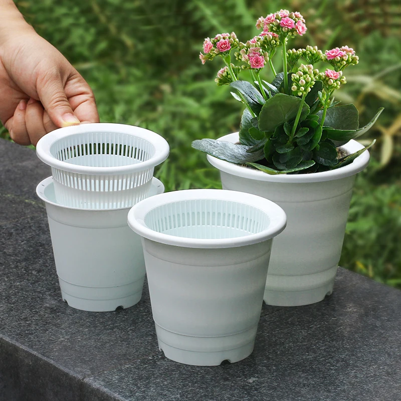 Mini Planter 8 cm white circle plastic flower pot in double wall garden pot herb planter