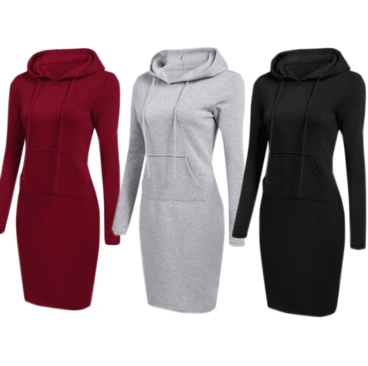 Pockets Hoodie Dress Oversized Street Wear Print Women Long Sleeve Casual OEM Service Terry Adults Midi Autumn Knitted Hooded