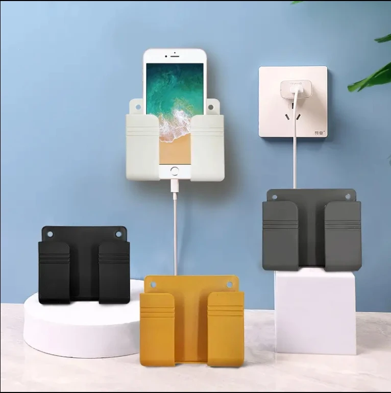 Wall Mounted Mobile Phone Holder with Self Adhesive for Bathroom Bedroom Kitchen Charger Stand Remote Control Storage Box