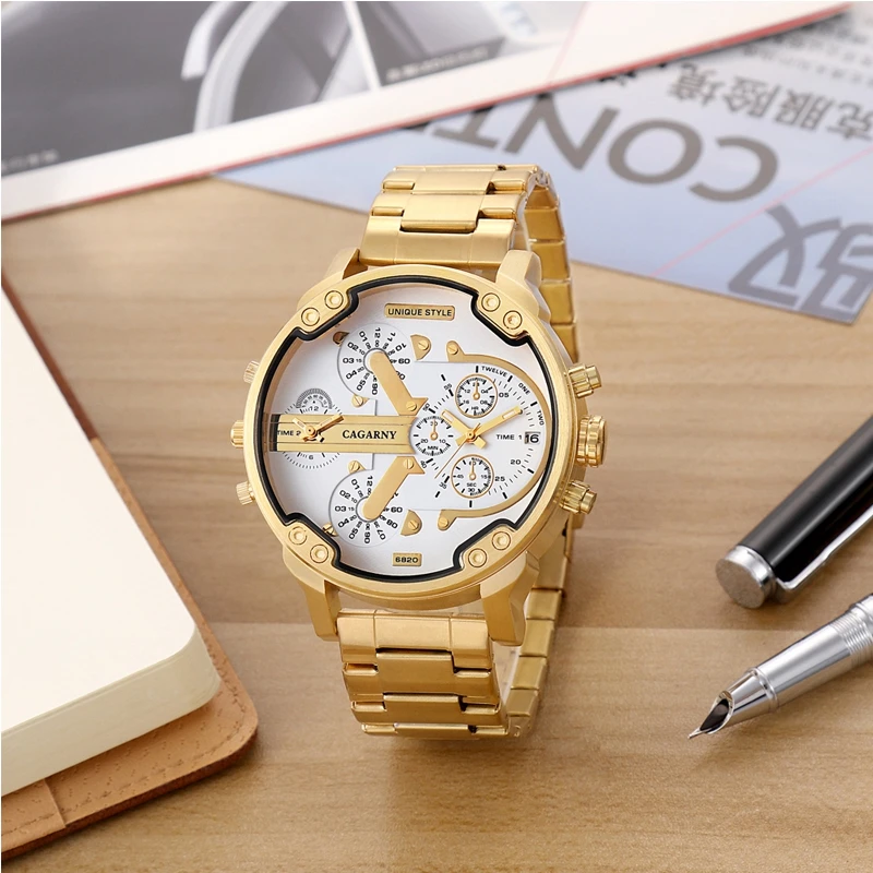 CAGARNY 6820 Luxury Brand Golden Watches Men Fashion 2 Time Zone Calendar Hot Quartz Stainless Steel Glass Waterproof Acrylic