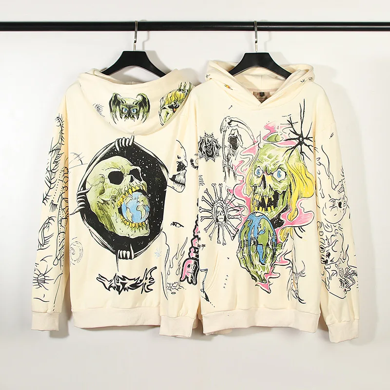 manufacture custom Cotton Lining High Street hand-painted graffiti dark skull designer  Oversized Hoodie for men unisex