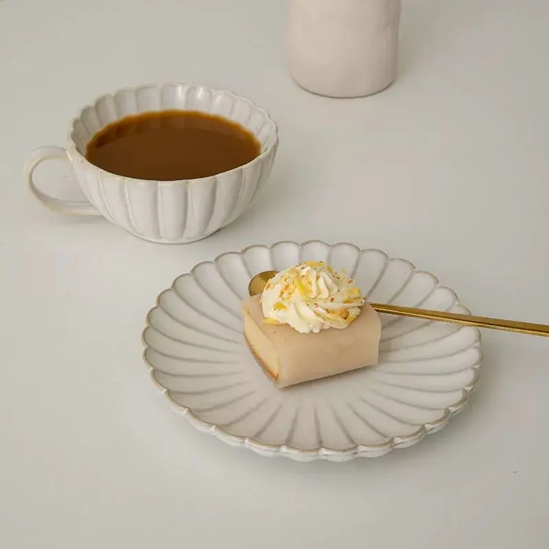 Vintage Reactive Glazed Ceramic Coffee Cup Saucer Set Chrysanthemum Shape Tea Cup