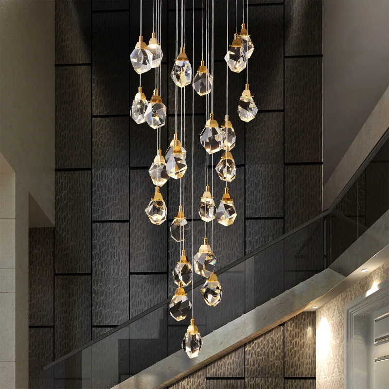 Indoor modern decorative stair long ceiling lighting pendant light LED crystal chandeliers