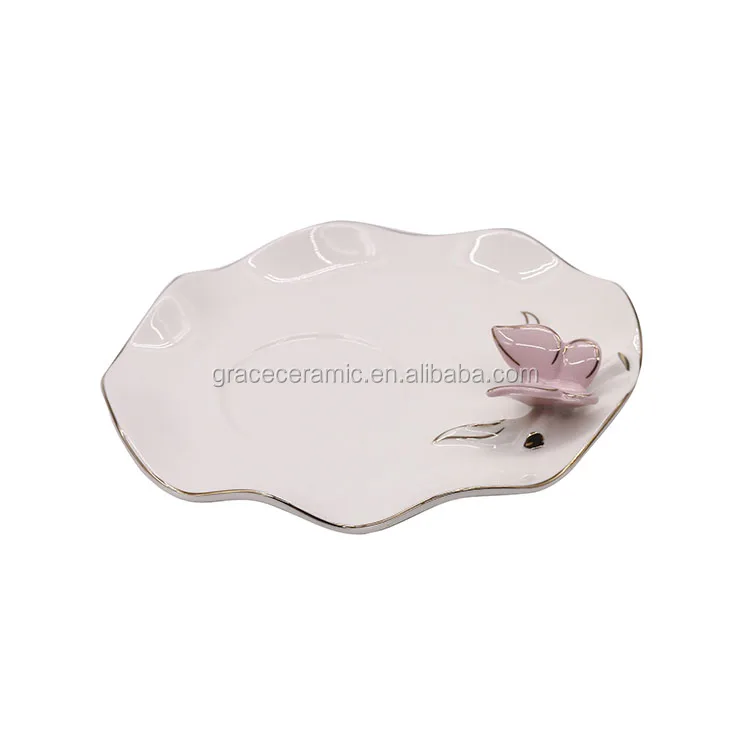 Pink Butterfly Embossed Ceramic china Fine Porcelain Cup And Saucer With Gold Rim