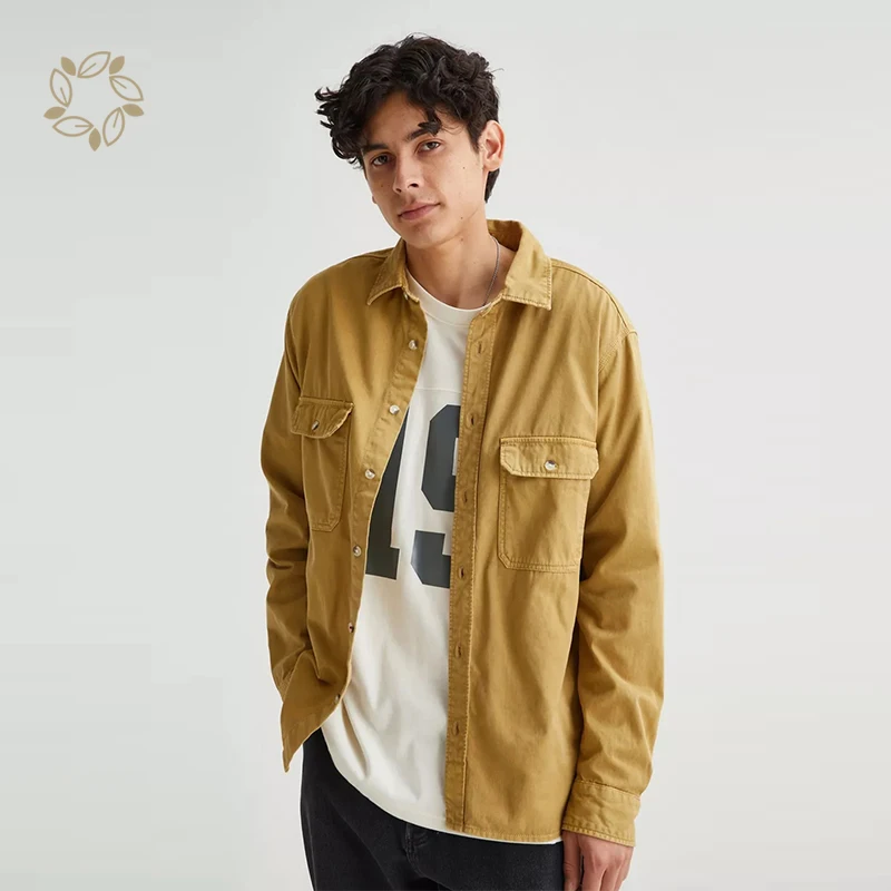 Organic cotton men work shirt sustainable washed twill long sleeve work shirt eco friendly shirts for men