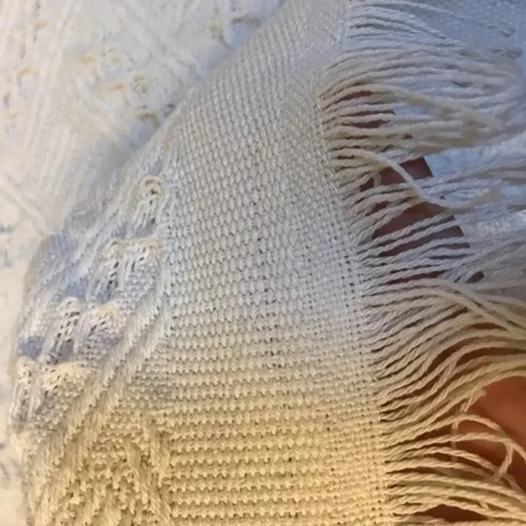 
Sofa cover pure color white cotton knitted bohemian throw with tassel macrame 