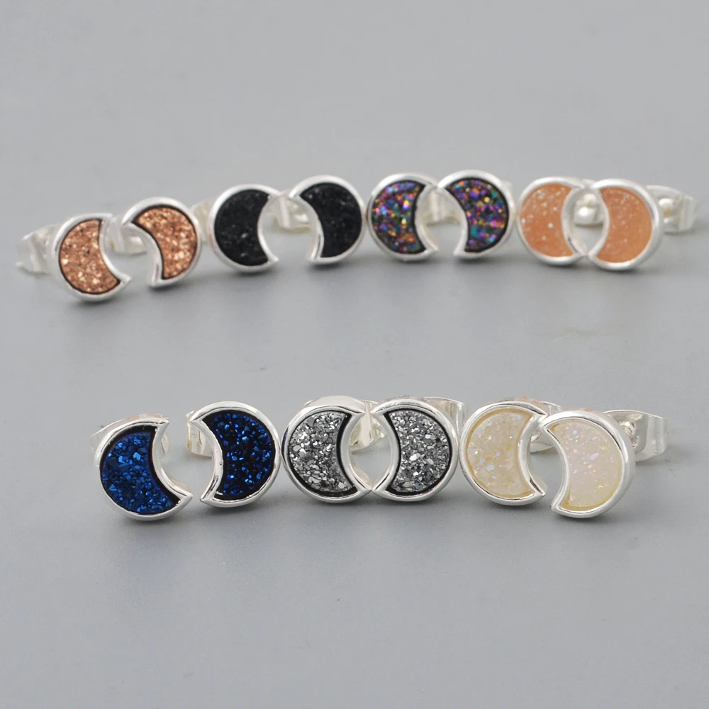 ZG0282 Tiny Gold Moon Shape Druzy Stud Earrings Gold Plated Bezel Druzy Earrings