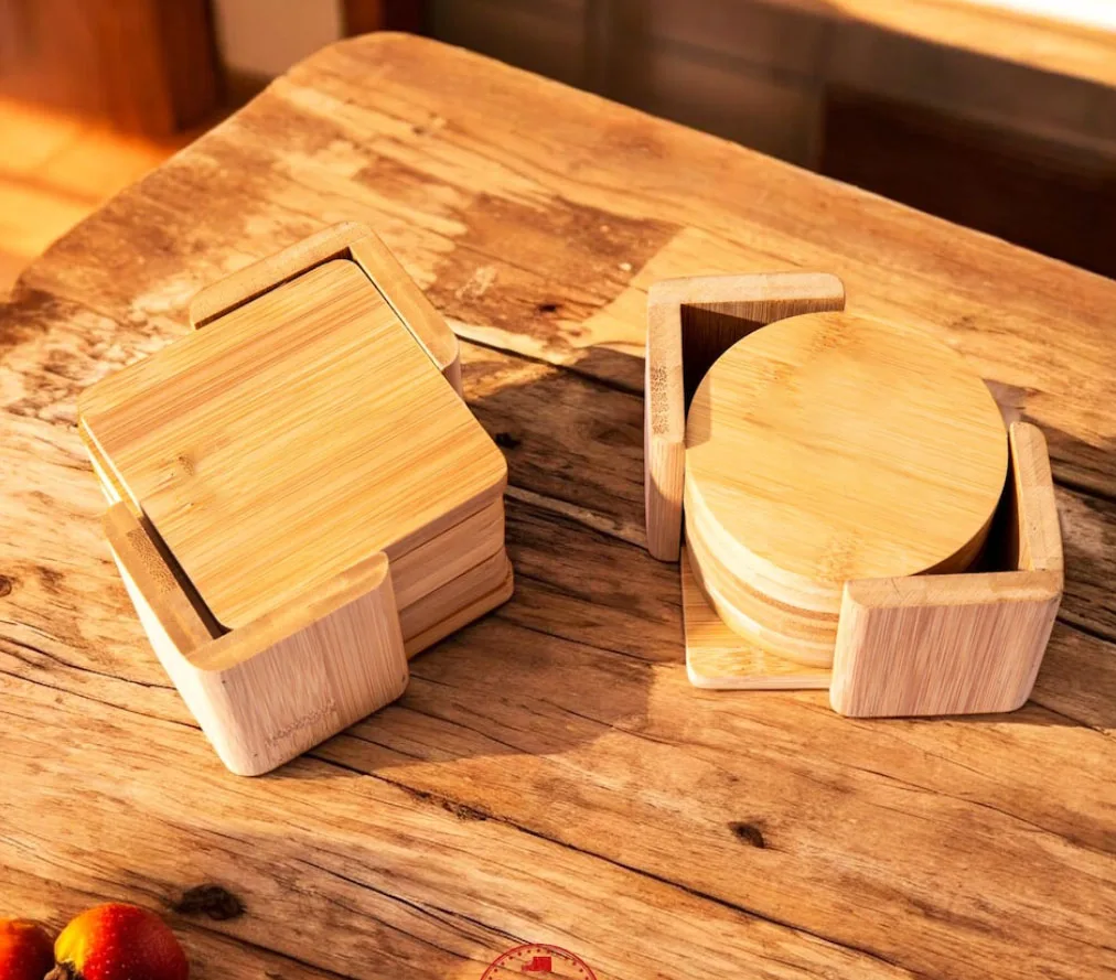 Housewarming Gift Personalized Table Engraved Wooden bamboo Square round tea cup Coaster Set of 6 with Holder