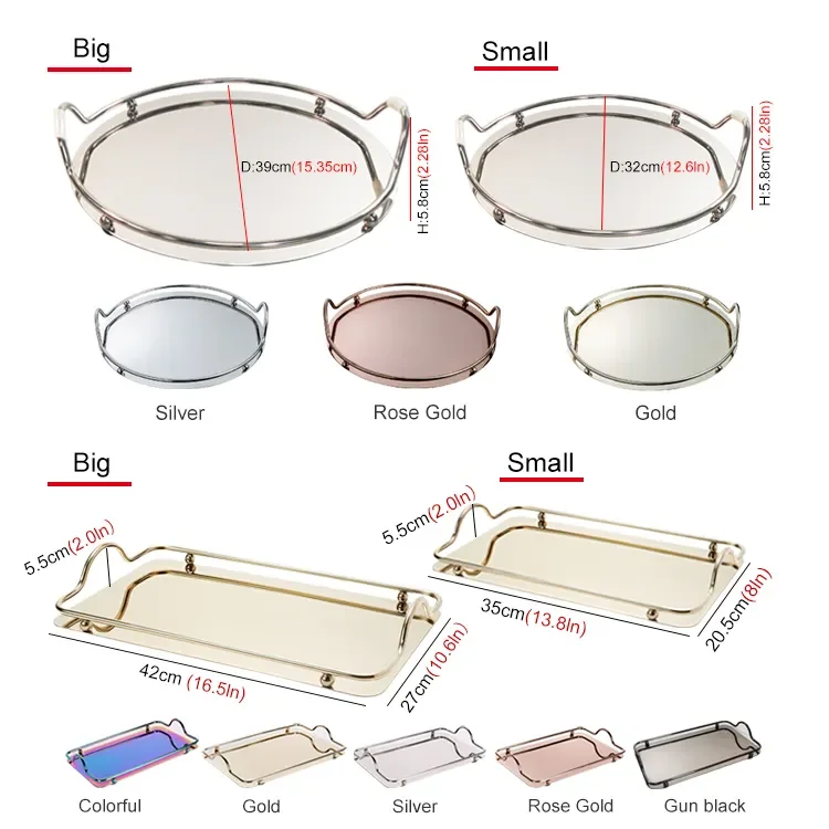 Large Decorative Coffee Tea Food Table Vintage Stainless Steel Serving Tray With Golden Handles