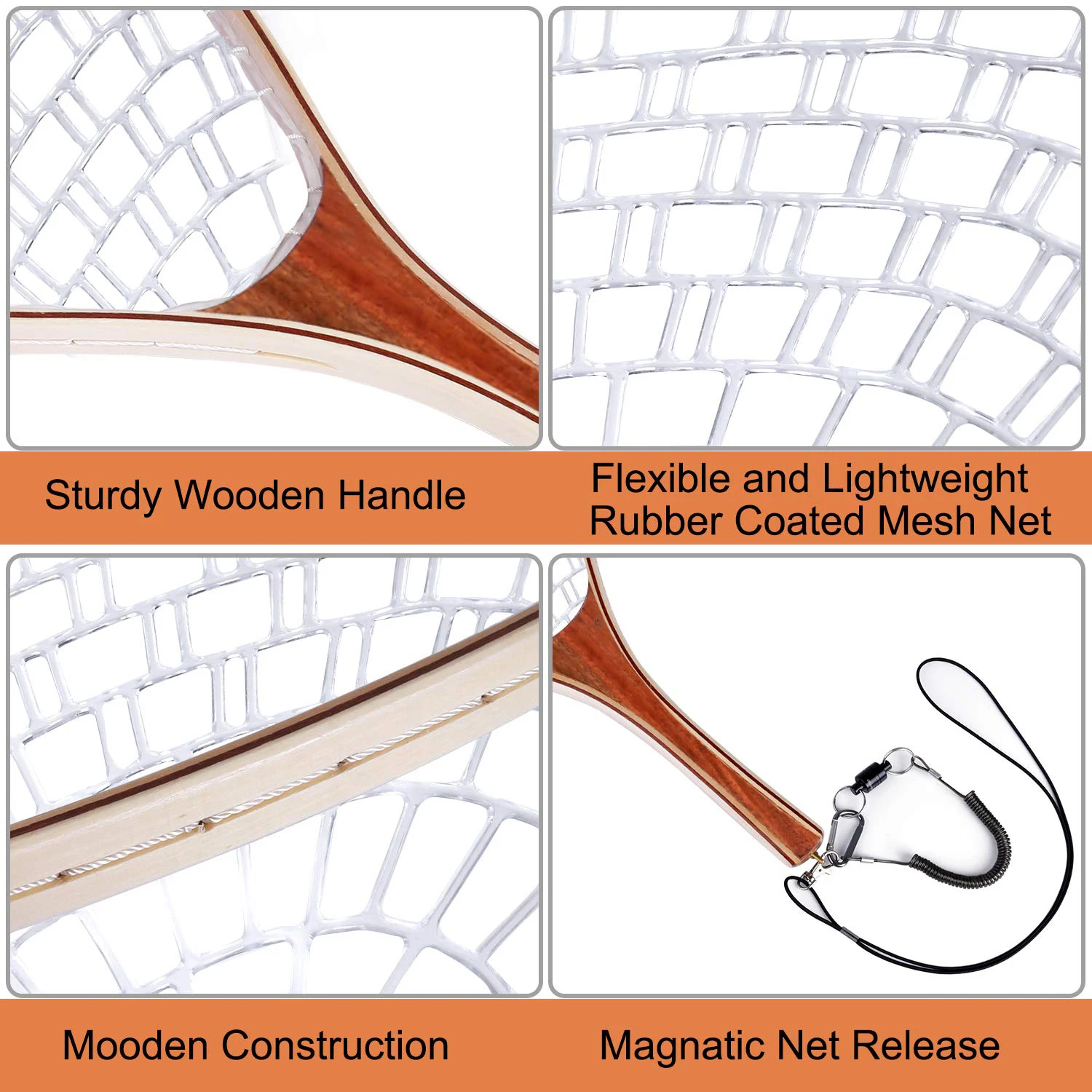 Wooden Handle Waterproof Frame Curve Rubber Mesh Fly Carp Fishing Landing Net