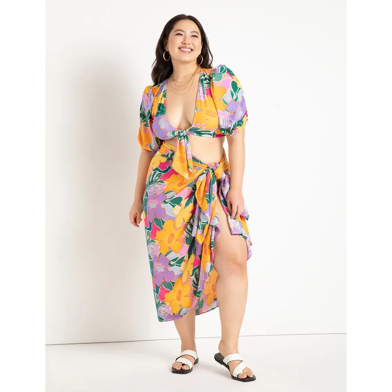 Aschulman Wholesale Sexy Lady Floral Printed 2 Pieces Sexy Beach Wear Hawaiian Plus Size Cover Up Dresses