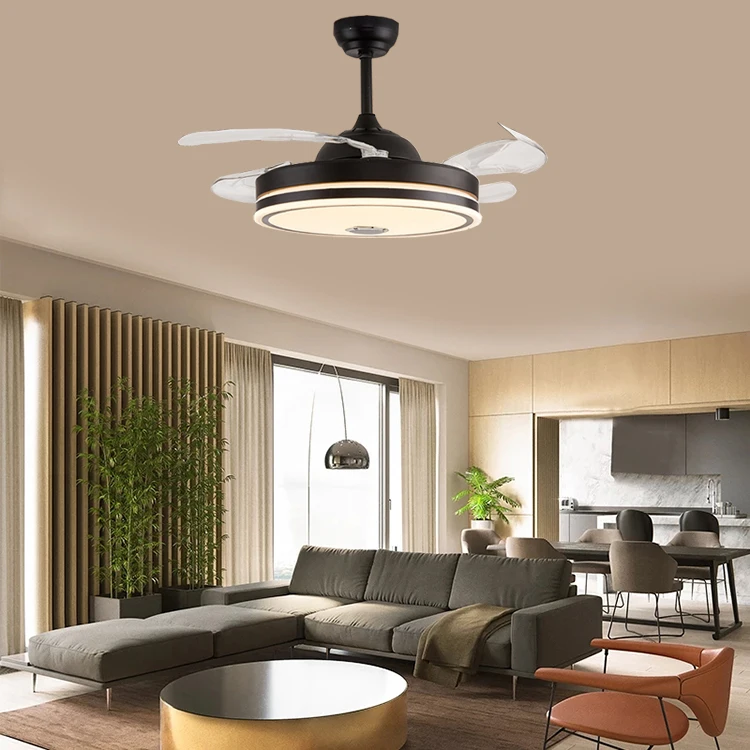 Custom dazzling RGB music invisible fan lamp restaurant fan chandelier and ceiling fan with light lamp