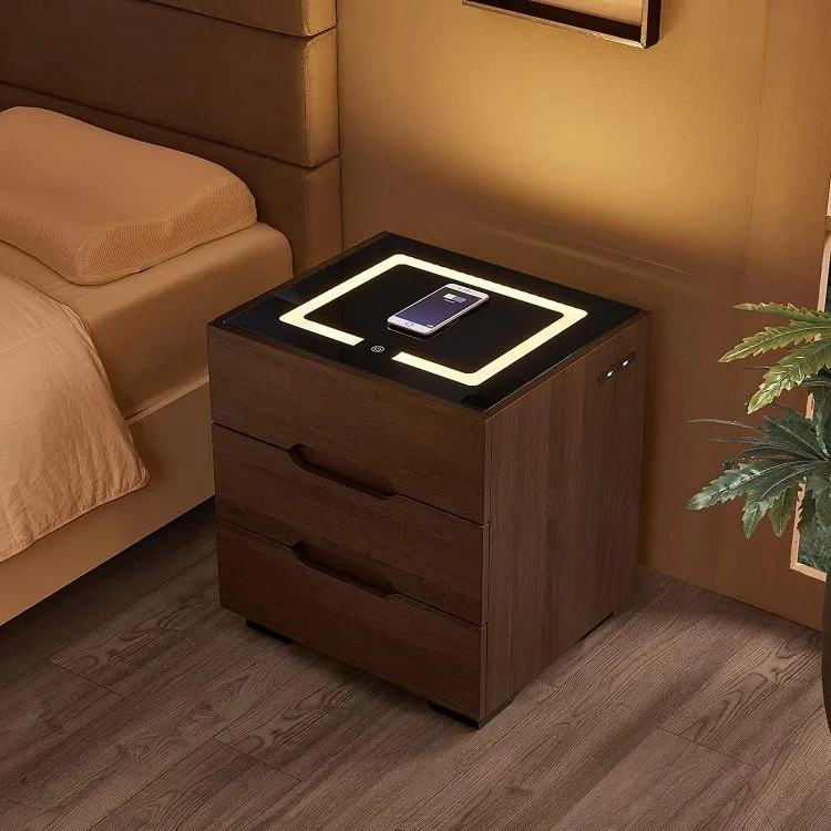 Новый дизайн классический кожаный роскошный чехол в тумбочка с беспроводной зарядной станции и светодиодными лампами, современный журнальный столик с туалетный столик с 3 ящиками тумбочка