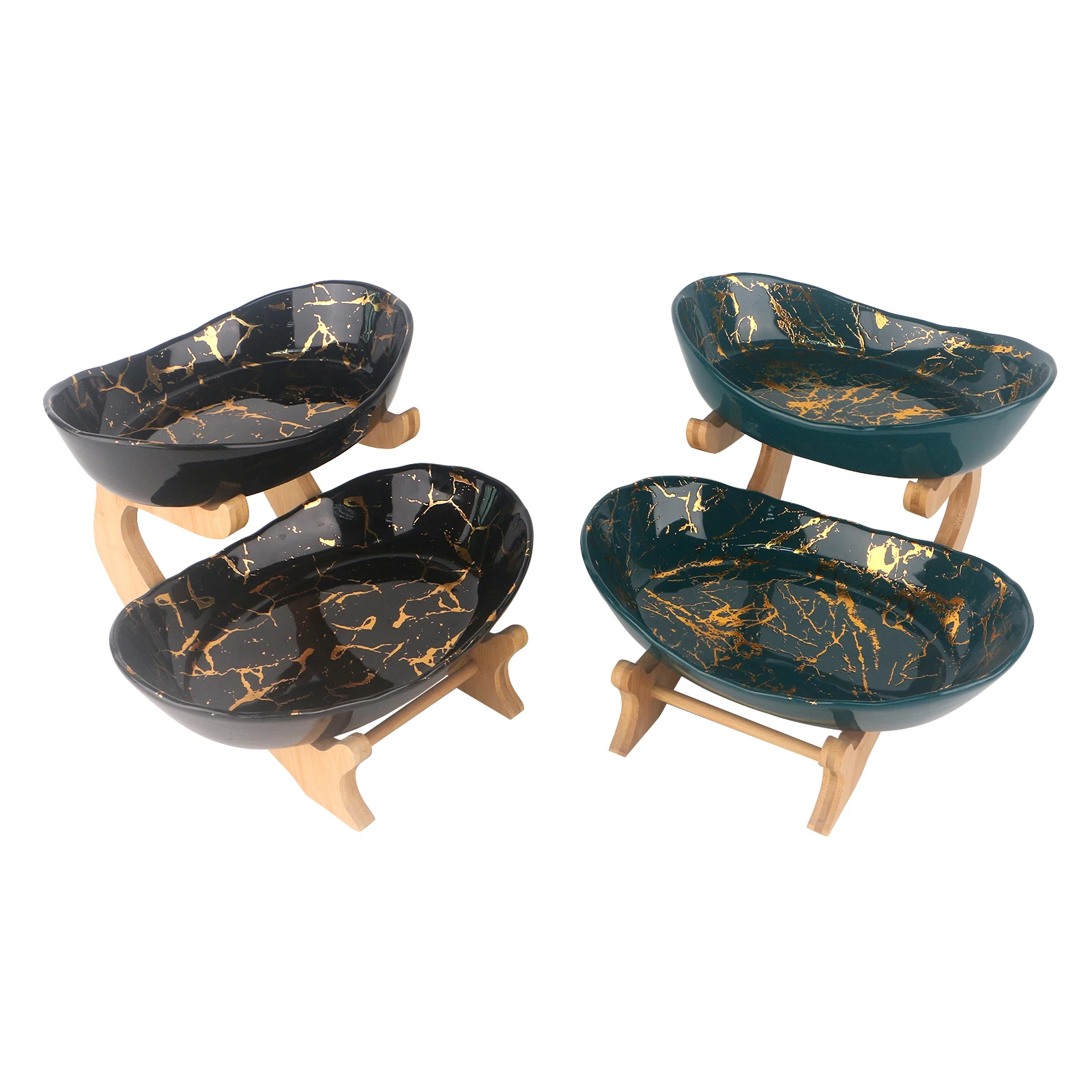 Creative Black and Dark Green With Gold Marble Ceramic Plates Serving Dishes Bamboo Rack for Ethiopian