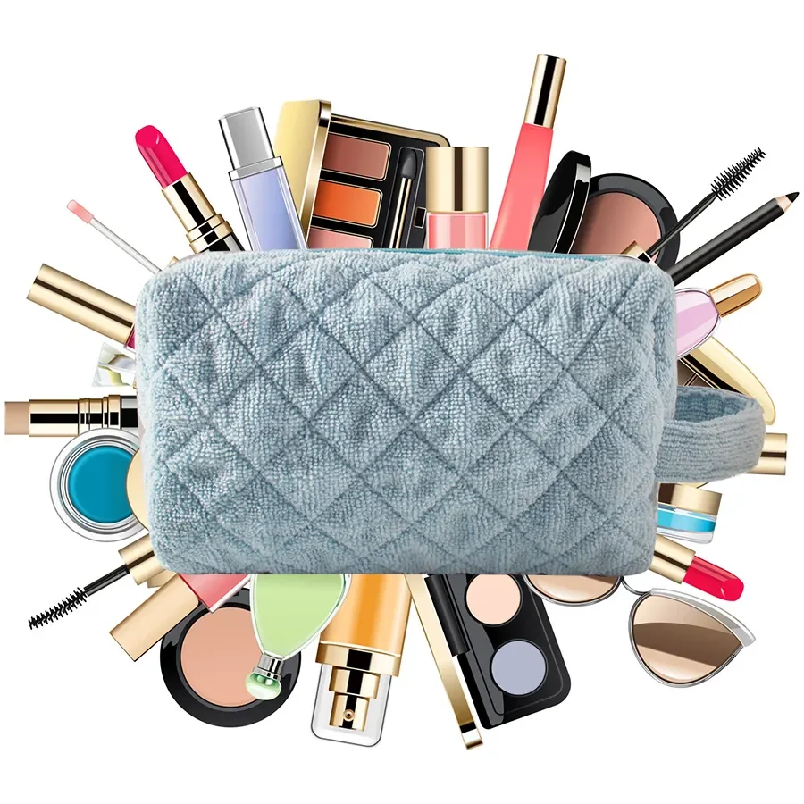 Factory OEM Quilted Ladies Portable Travel Toiletry Zipper Makeup Cases Bag Organizer Large Terry Towel Cloth Cosmetic Bag Pouch
