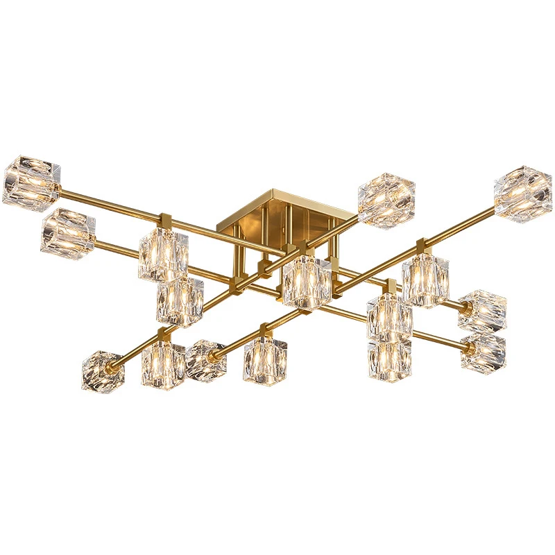 72W/96W/144W Gold Color Nordic Luxury Brass Material Custom Heads Crystal LED Ceiling Mounted Chandelier Lights