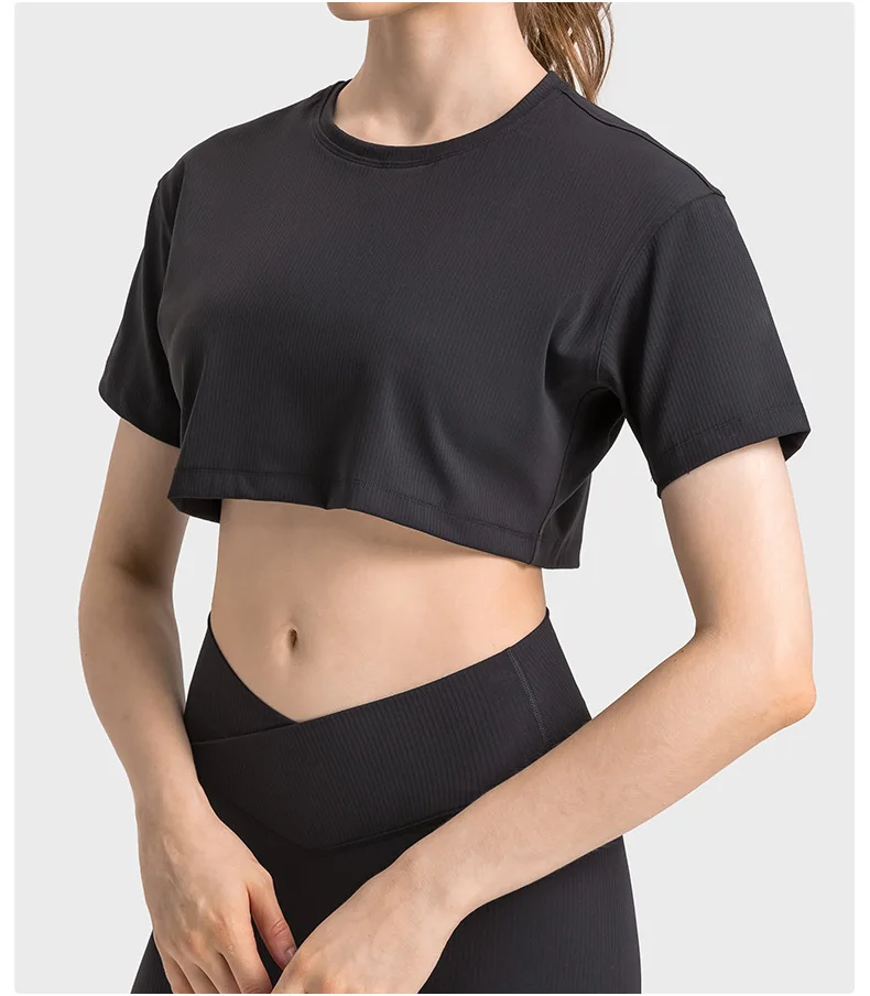 Wholesale High Quality Custom Summer Sexy Ladies Solid Short Sleeve Crop Top Sport Dance Running Plain T Shirt For Women