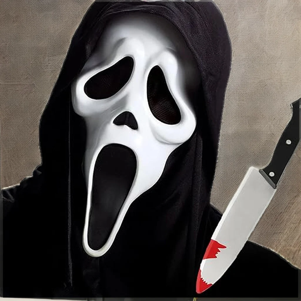 Scary Horror GhostFace Latex Mask with Bloody Toy Knife Halloween Scream Cosplay Costume Accessories for Masquerade