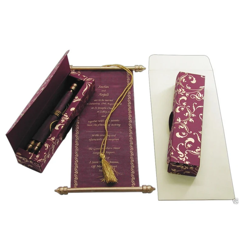 2024 Customize Low Moq Paper Scroll Wedding Invitation Card with Box & Tassel Unique Rolling Paper Wedding Invitation Cards