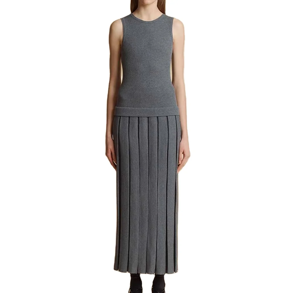 Knitwear Manufacturer Custom Autumn Winter fake two-piece look Pleated ribbed wool blend mid-length dressSleevelessKnit Sweater