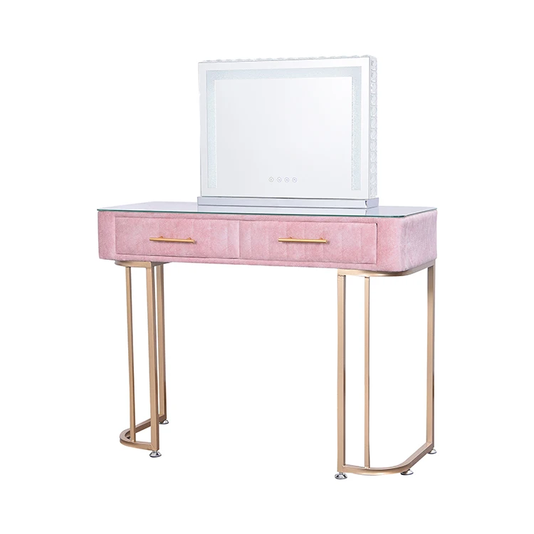 Luxury custom hotel bedroom pink girls mirrored hollywood vanity makeup table for ladies
