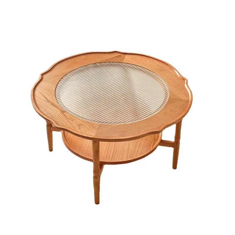Dreamhause Japanese-style Creative Living Room Wood Glass Coffee Table Homestay Apartment Flower Round Low High Tea Table Set