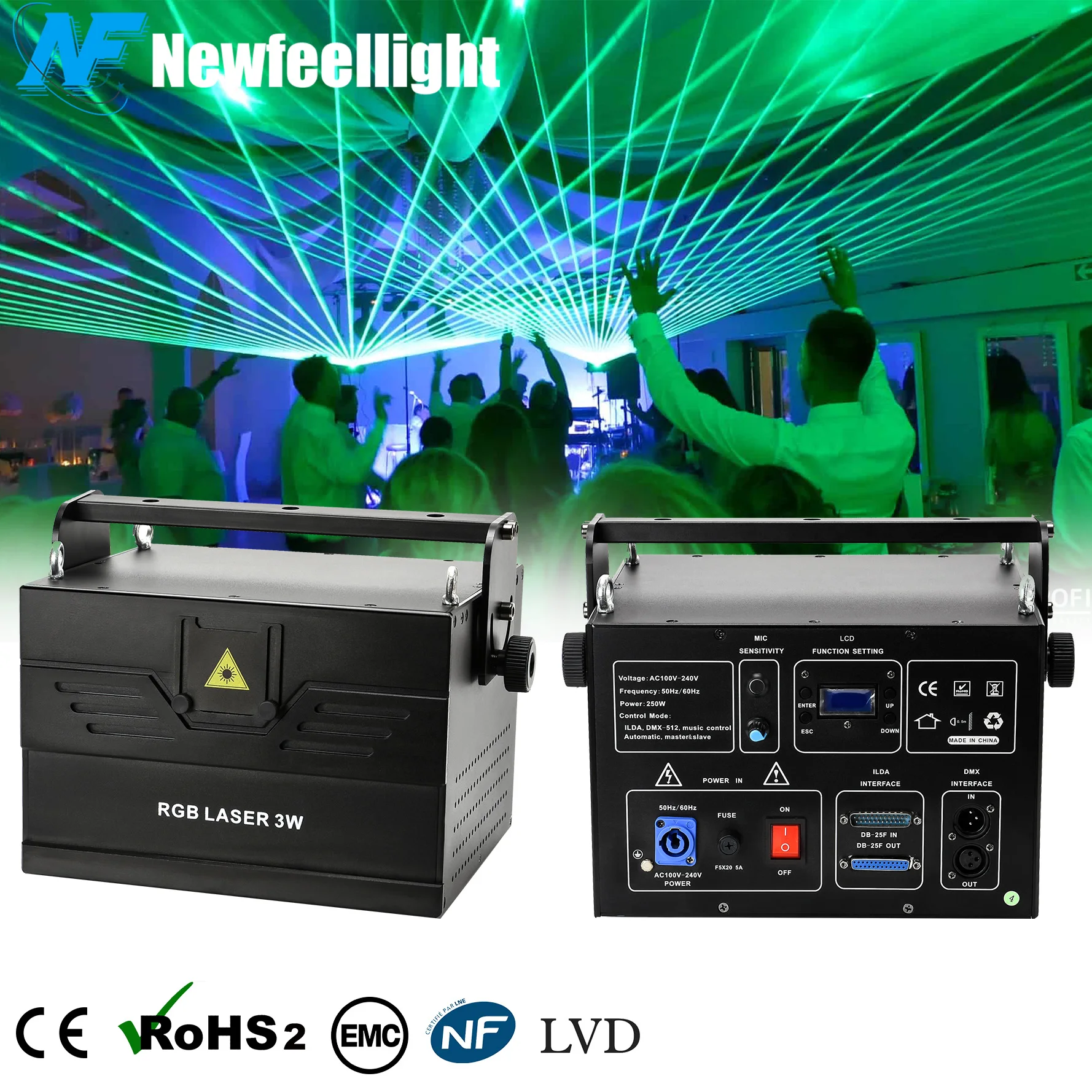 1W ILDA DMX512 RGB Green Laser Projector for DJ Disco Stage Animation Light Show Control
