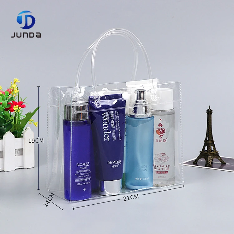 China Custom transparent pvc button toilet bag without zipper Clear PVC bag with handle gift bags