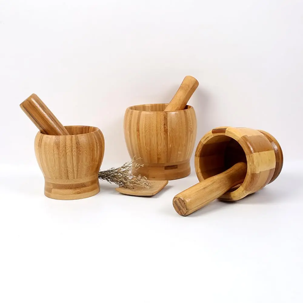 Bamboo Mortar and Pestle, Wooden Spice Grinder Tools Kitchen Utensil, Perfect To Grinding Garlic/Herb/Pill/Crushing Sesame Seeds