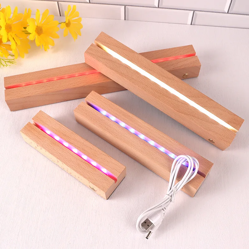 Rechargeable Resin Glass Art DIY Wood base Led Acrylic Stand Wooden Table Lamp