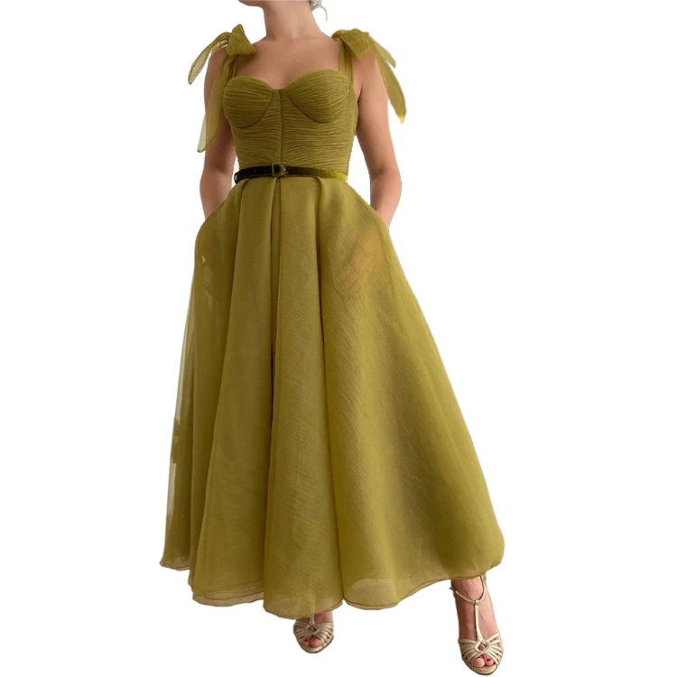 Organza Short Evening Dresses With Velvet Belt Ribbon Straps Tea Length Prom Gowns 2022 Formal Party Dress