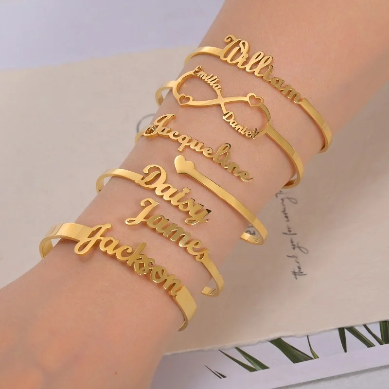 Custom Name Letter Cuff Bracelet Waterproof Opening 18k Gold Plated Stainless Steel Bracelet Bangles Jewelry Women
