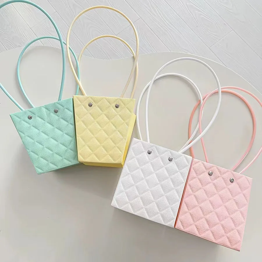 Small Custom Logo Luxury Shopping Tote Flowers Handle Kraft Square Flower Paper Bag