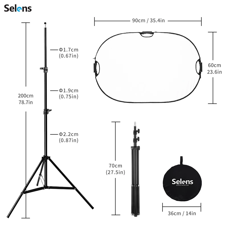 Selens Photo Reflector Stand kit 24x36 inches 5 in 1 reflectors with 78 inches Light Stand Extendable Holder Arm Clips for Photo