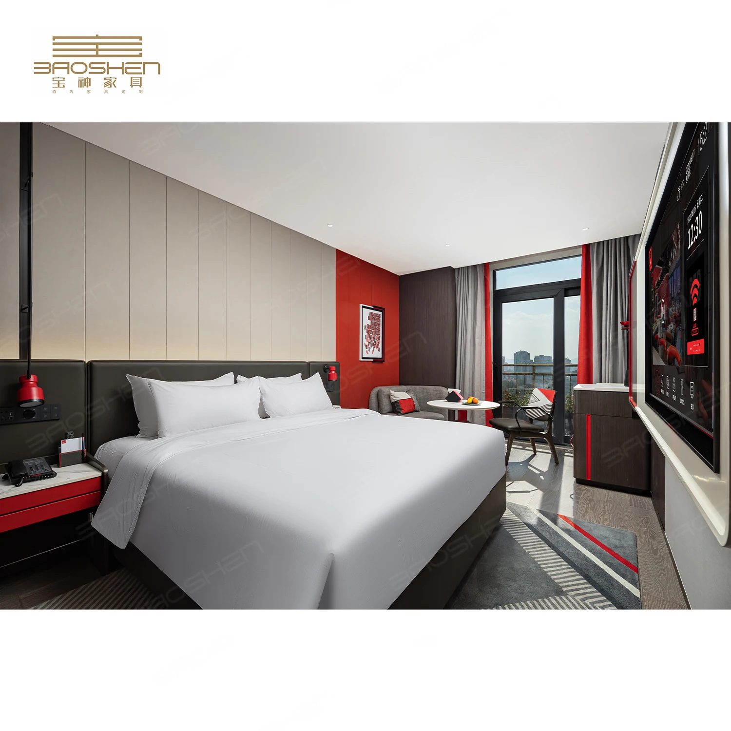 Solid Wood Hotel Room Furniture Paneling Bed Furniture Bedroom Set Wooden Top Wood Hotel Modern Panel Bedroom for 5 Star