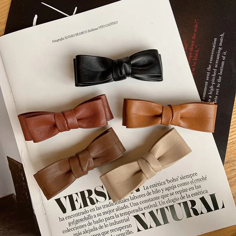 Shenglan PU Leather Duck Bill Clip Double Bow Hair Clip Autumn Vintage Pu Hairpin Hair Clips For Women