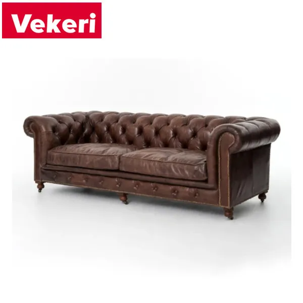 European style old retro dark brown pure leather curved armrest living room sofa for many scenes
