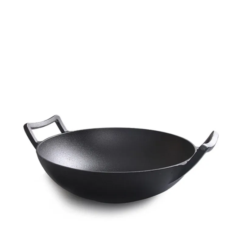Chinese Versatile cooking non-stick vegetable oil Big Hand Made frying pan 32/36cm heavy duty cast iron woks with double handle
