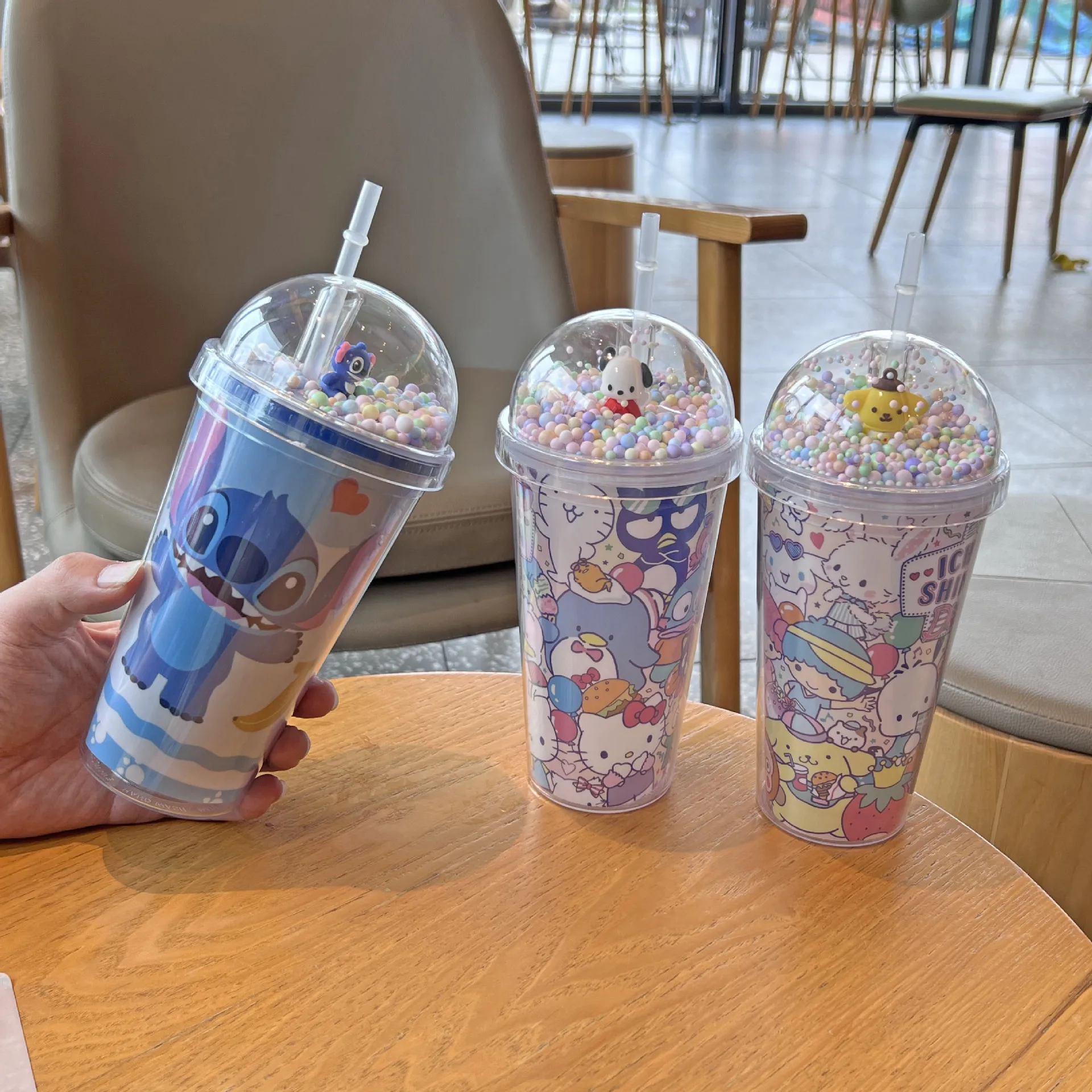 Stitch plastic water cup with straw kids cartoon character drinking cups with straws