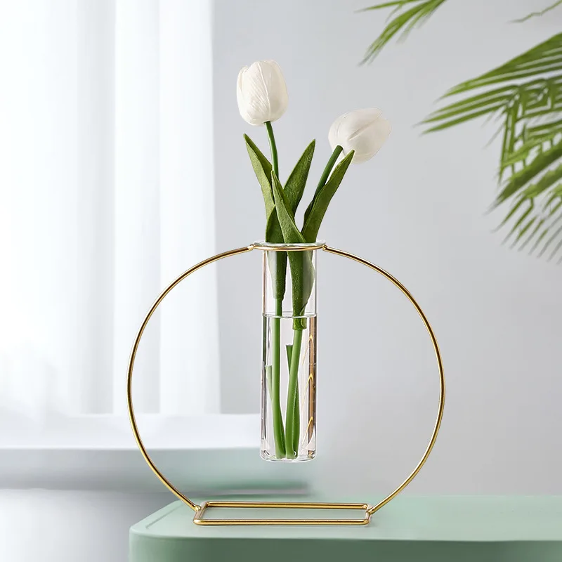 Simplicity Geometry Wrought Iron Metal Framed Transparent Glass Hydroponics Vase For Wedding Home Decoration