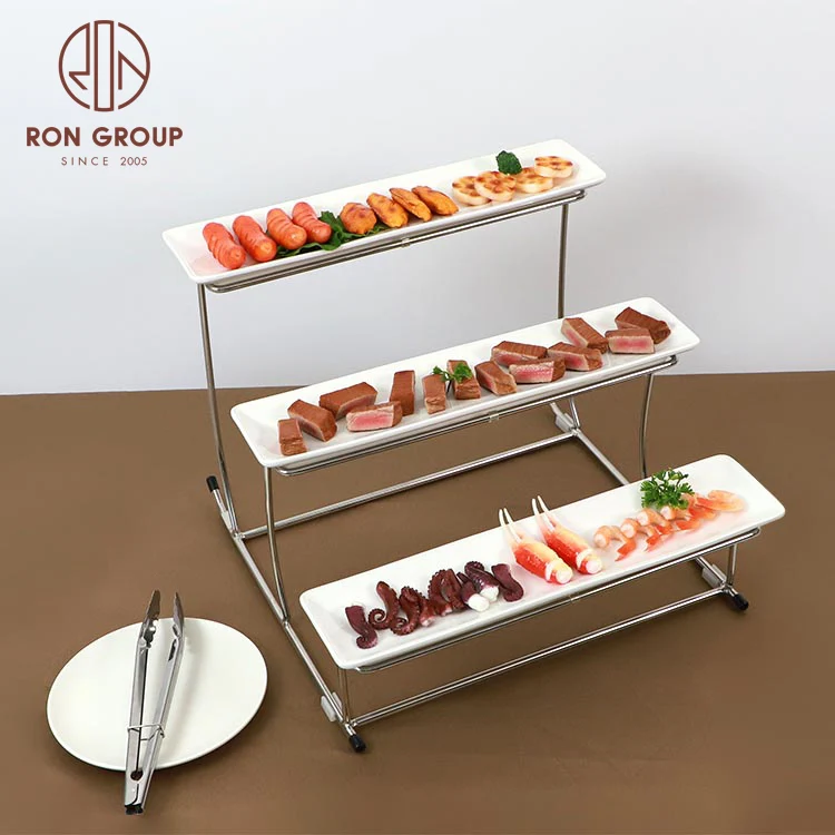 Restaurant hotel catering party tools snack 3 tier ceramic dish with iron rack serving fruit buffet food display stand