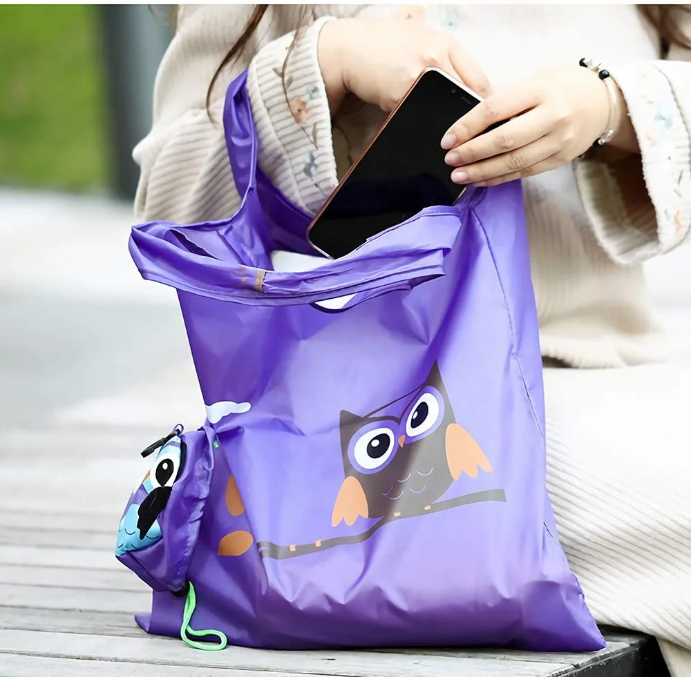 Eco Friendly Reusable Shopping Tote Bags Cute Cartoon Owl Foldable Grocery Bag with Pouch