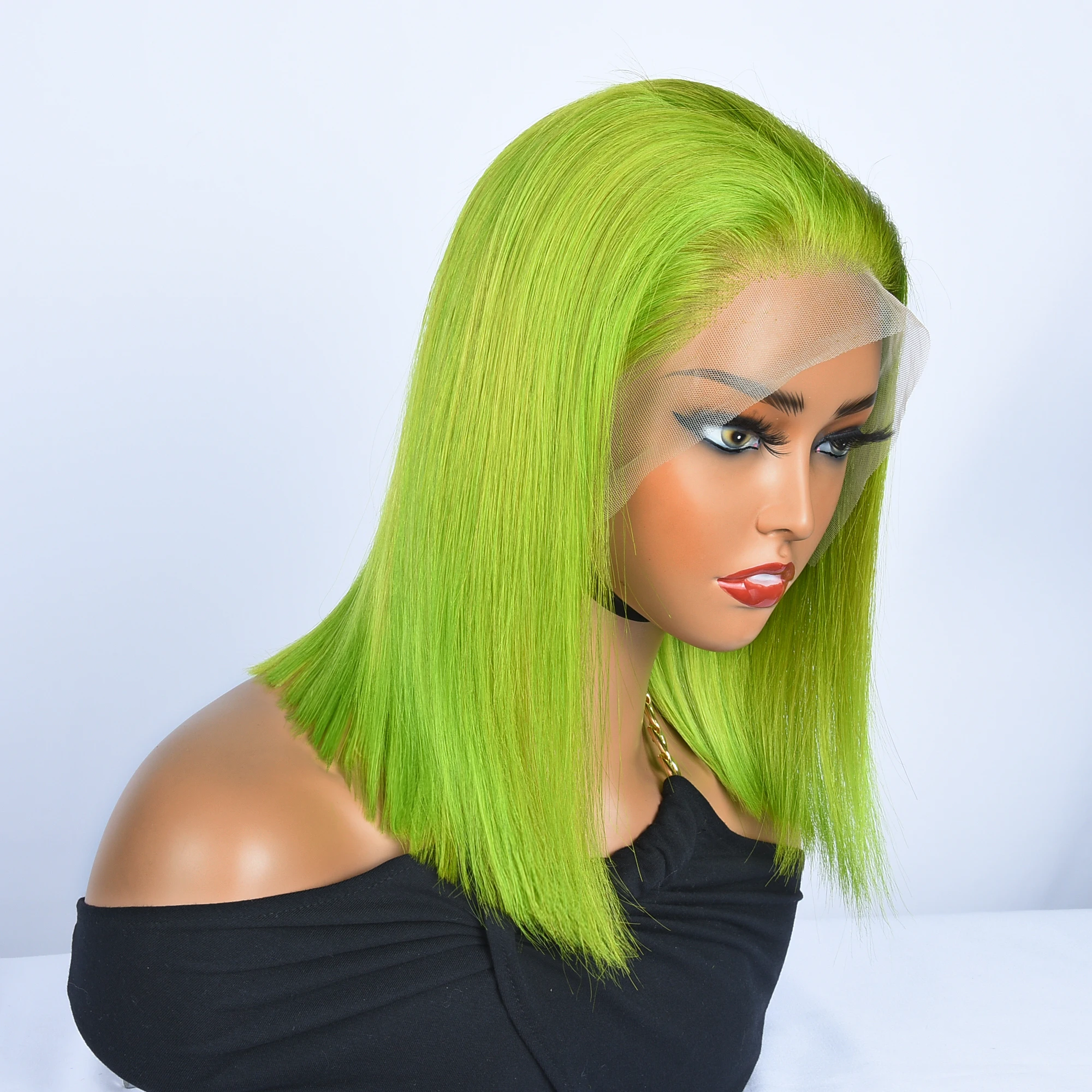 Virgin Brazilian Human Hair Glueless Cuticle aligned Lace Front Wig Double draw Green color Bob Lace Front Wig For Black Women