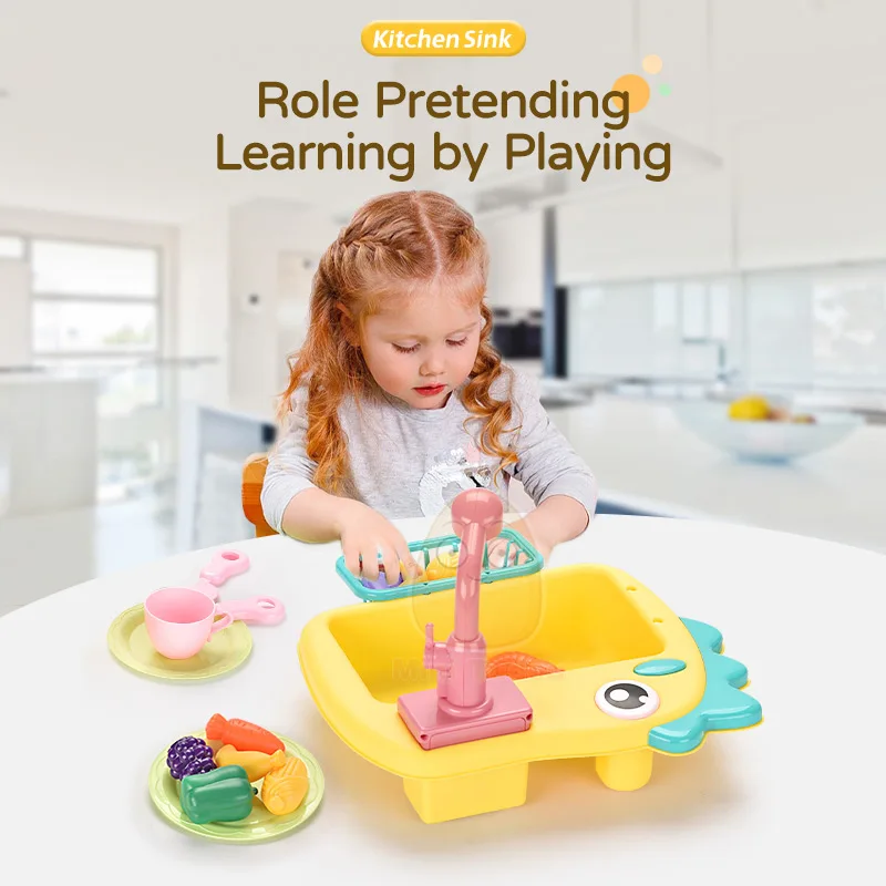 Girls Gift Kids Pretend Role Playing Wash Dish Educational Toys Play Kitchen Simulation Electric Dishwasher Sink Toy